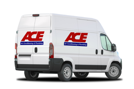 white can with red and blue ace ac & plumbing logo wrapped on it